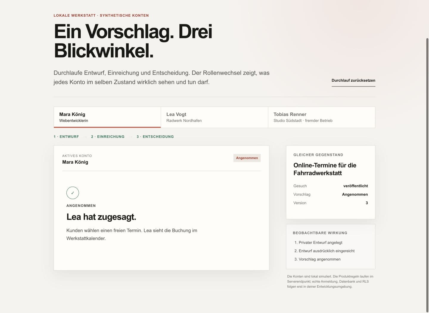 Echte Referenzansicht des Auftragsplatz-Projekts: Lea hat Maras Vorschlag angenommen.